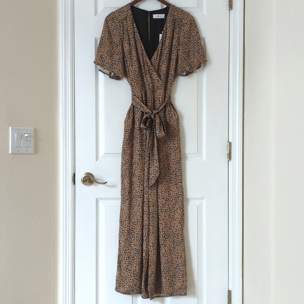Greylin Anthropologie Galena Surplice Short Sleeve Wide Leg Jumpsuit Honey XS